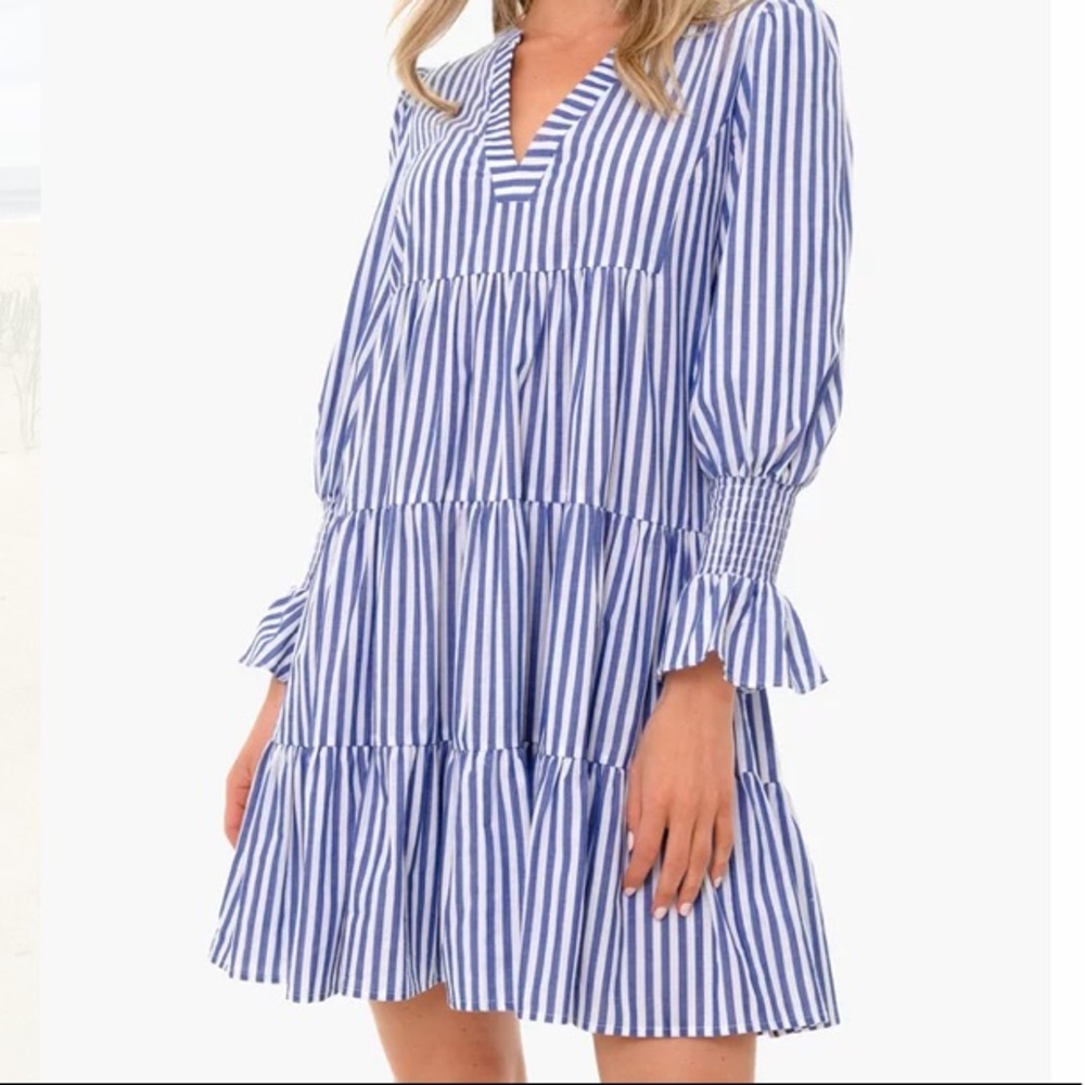 Blue and white stripe cotton poplin dress
